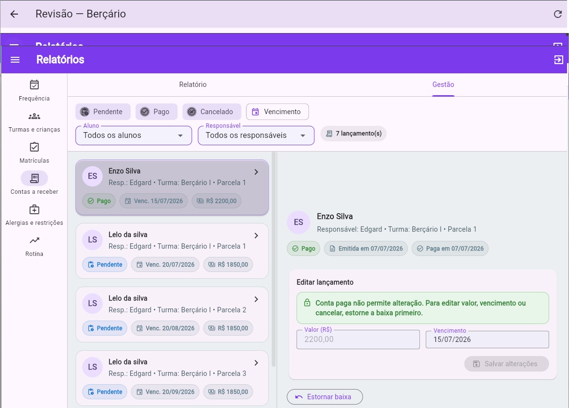 Detalhamento de contas a receber no SmartCreche
