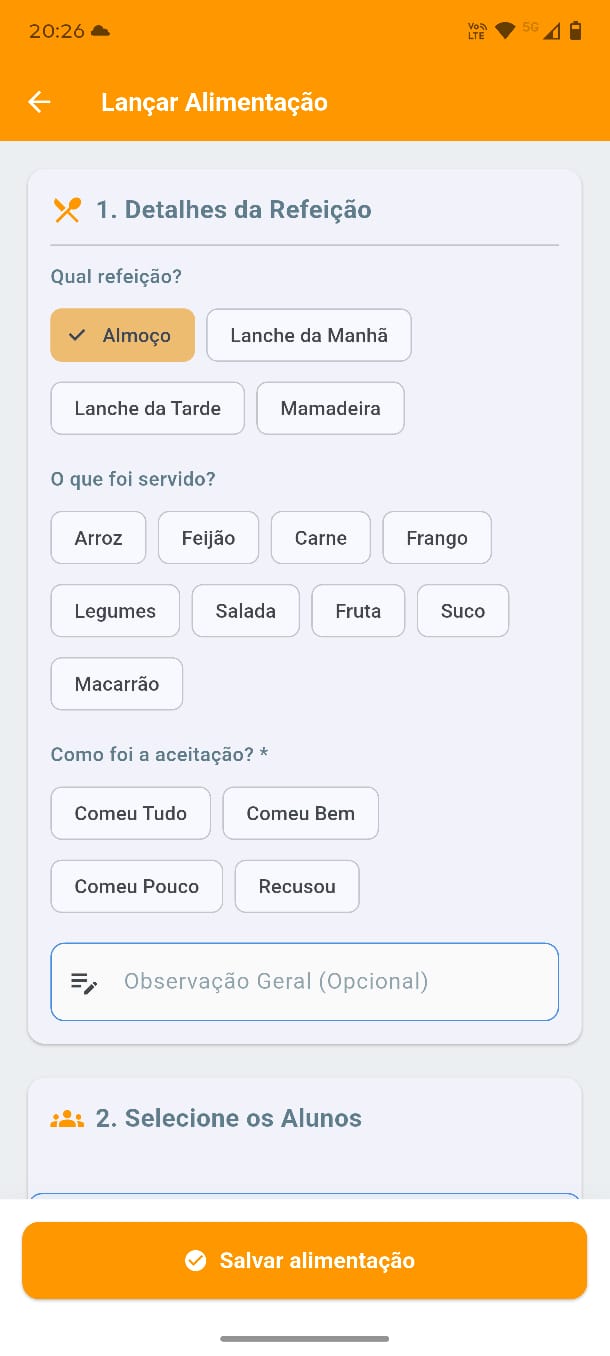 Lançamento de alimentação no SmartCreche