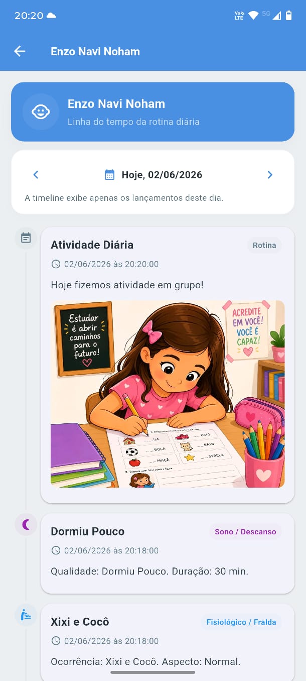 Agenda diária e linha do tempo da criança no SmartCreche